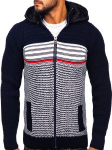 Granatowy gruby rozpinany sweter męski z kapturem