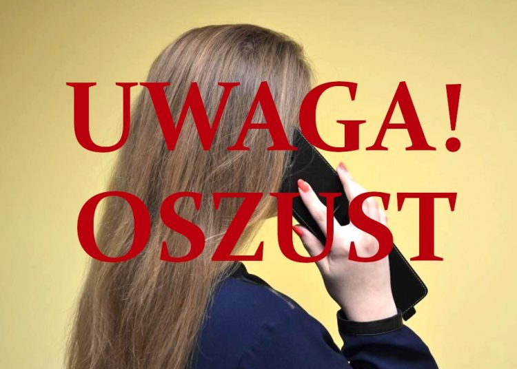 kobieta rozmawiajaca przez telefon czerwony napis UWAGAOSZUST
