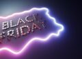 Black friday neon sign made of glamour diamonds. Banner background. 3D illustration