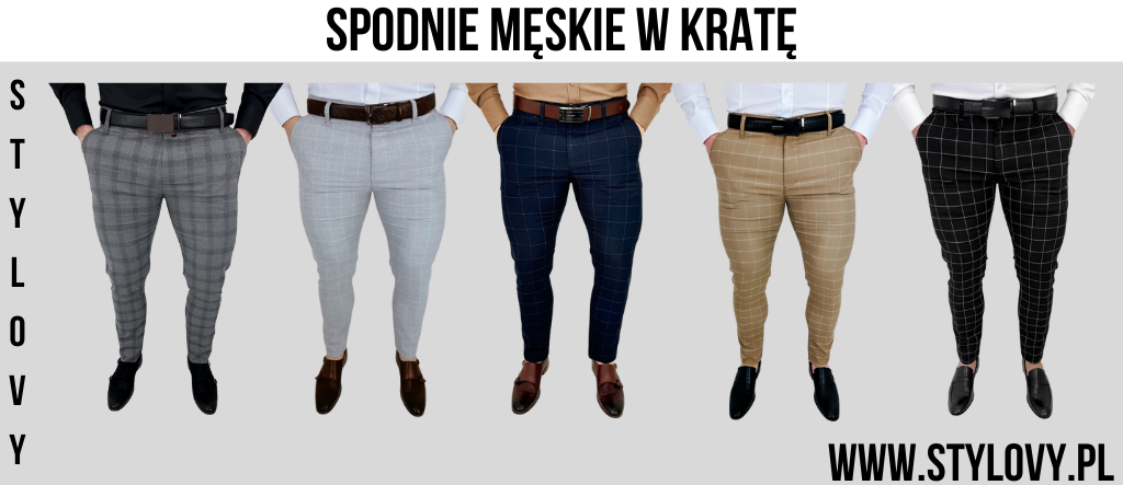 Spodnie męskie w kratę w kilku kolorach przedstawione na mężczyźnie