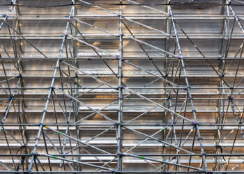 Scaffolding Steel Frame Installation in Construction Site, Scaffold Element, Structure Erection.