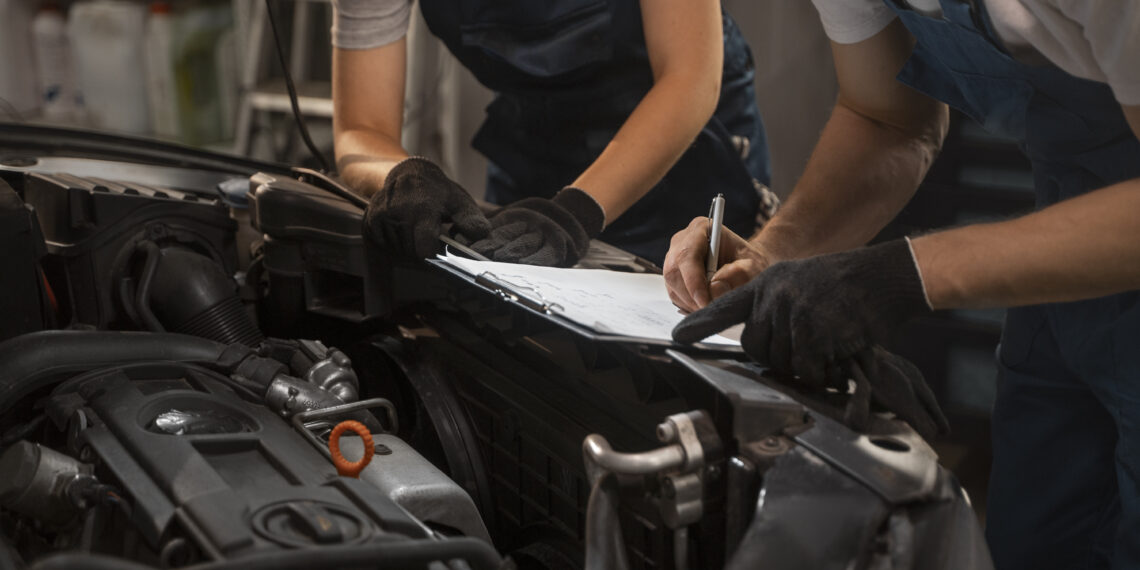 mechanicy plci meskiej i zenskiej pracujacy w sklepie przy samochodzie