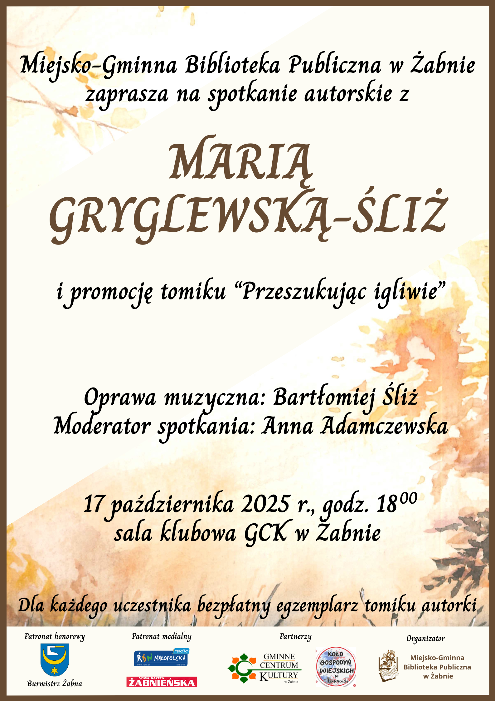 Spotkanie autorskie z Marią Gryglewską-Śliż w Żabnie 10 Gryglewska plakat