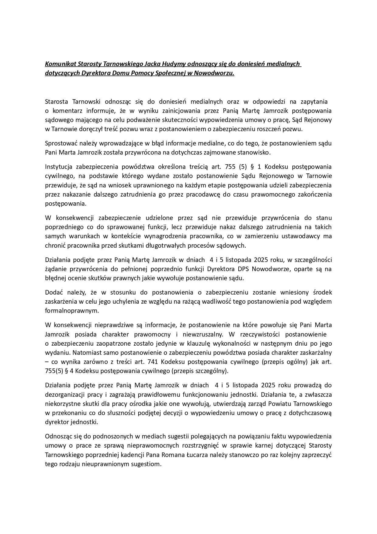 Jest oświadczenie starosty tarnowskiego w sprawie dyrektor DPS w Nowodworzu 2 Stanowisko Starosty Tarnowskiego 06.11 page 0001