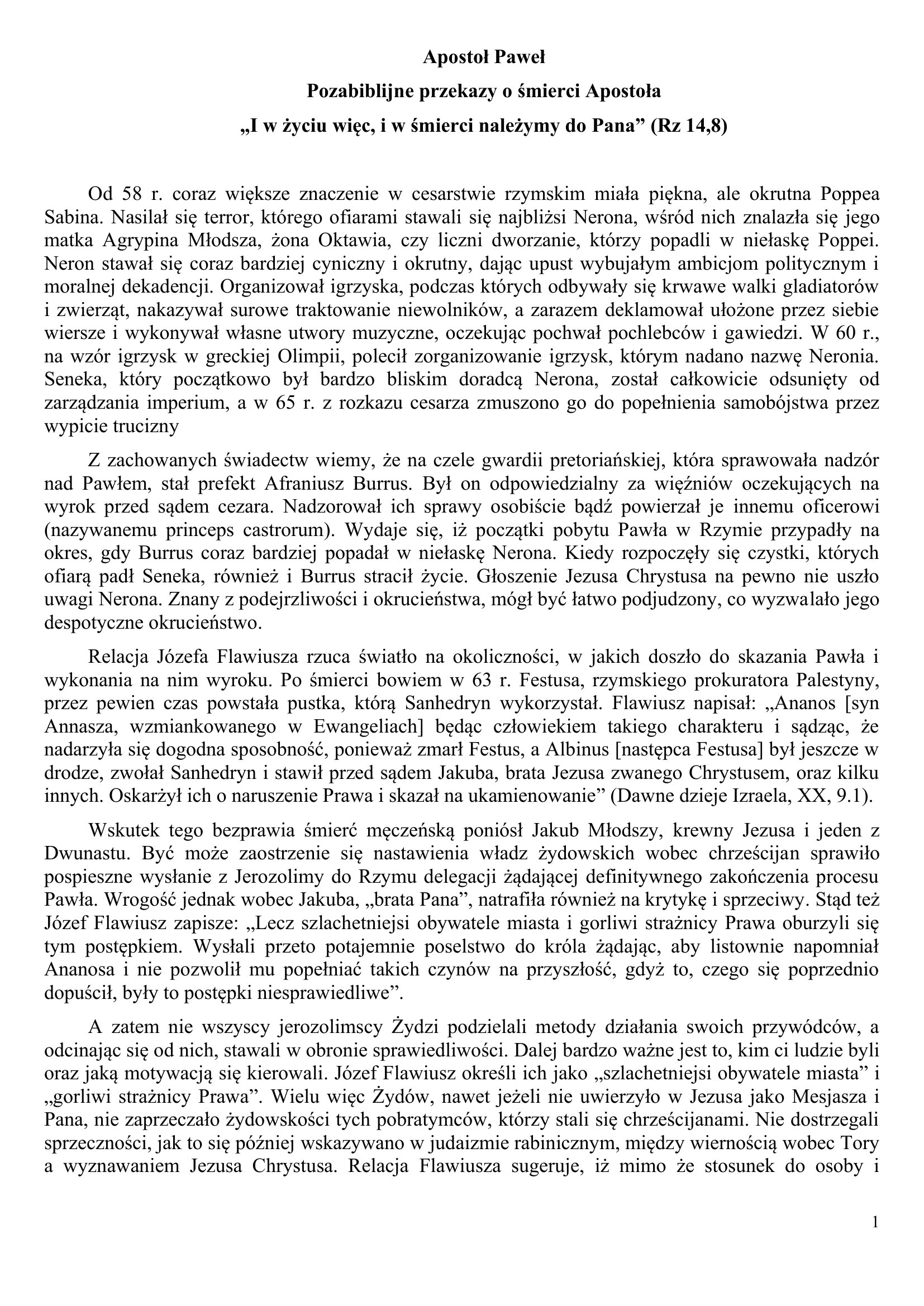 Studium Biblijne – 12.04.2026 – Apostoł Paweł. Pozabiblijne przekazy o śmierci Apostoła